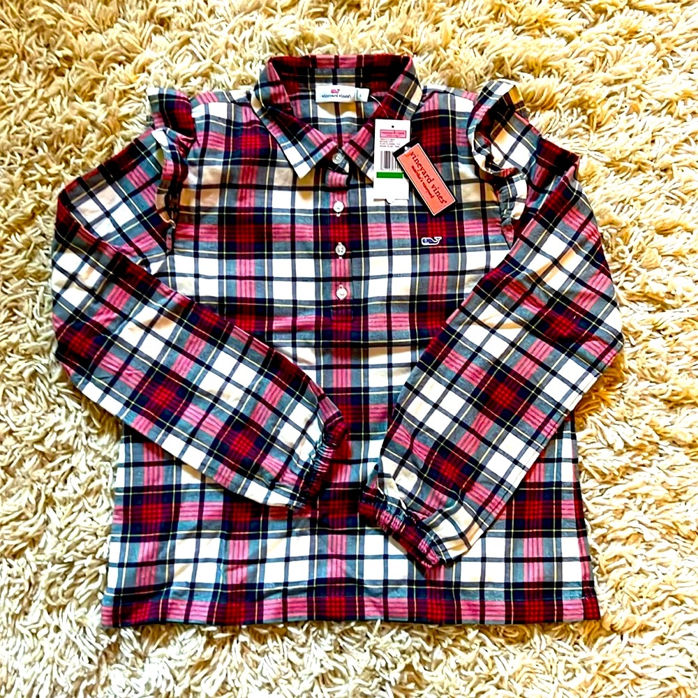NWT Vineyard Vines Girls Size L plaid flannel buttoned top